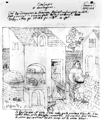 Baker and Bakery, drawn after an original illumination for a French translation of the Decameron by Boccaccio (1313-75) made in 1414